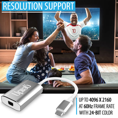 Side view of UPTab USB-C to Mini DisplayPort Adapter – Silver, highlighting its sleek, durable design and high-speed connectivity features.